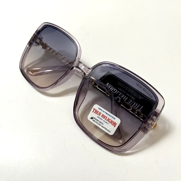 New Original TRUE RELIGION Oversized Square Sunglasses Clear Purple Acetate Gold - Picture 6 of 6